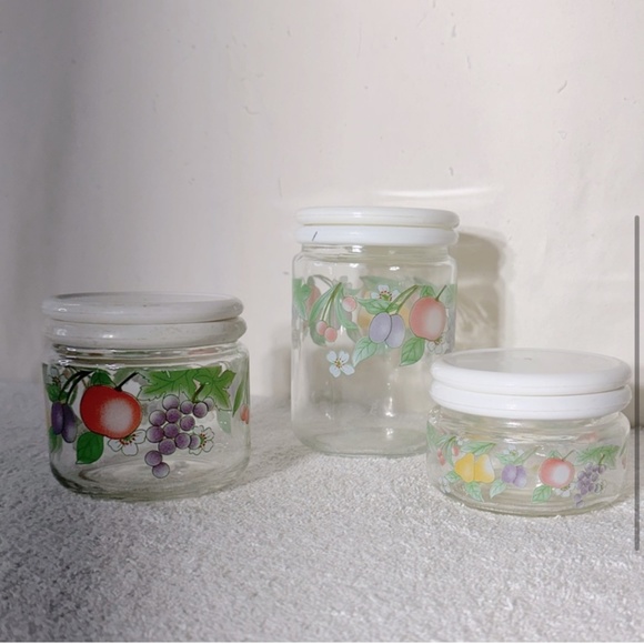 Vintage 80s KIG Indonesia Glass Fruit Flower Canister Set (3) - Picture 3 of 13